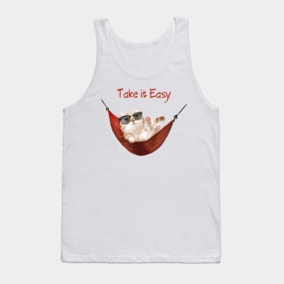 Take It Easy. Cute Cat in Sunglasses Relaxing in Red Hammock Tank Top